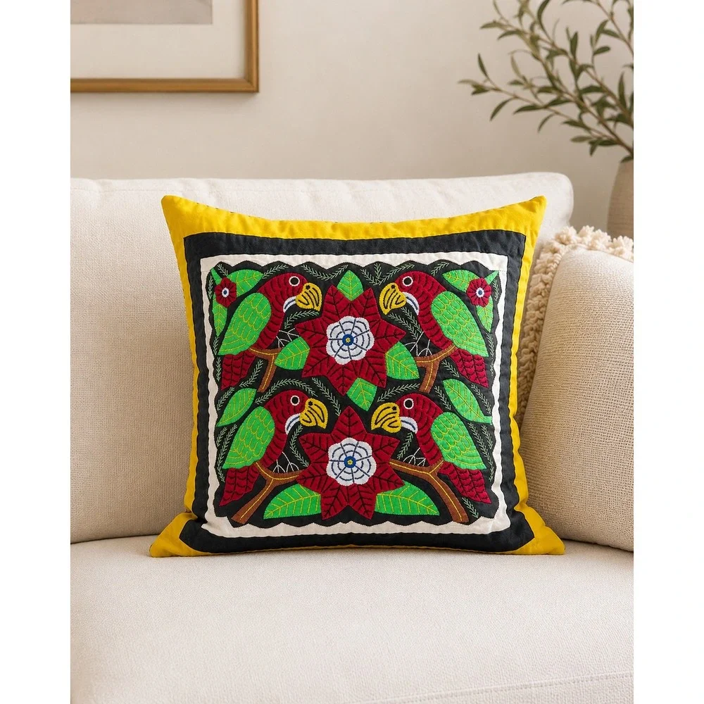Handmade Mola Parrot Embroidery Pillow Tropical Folk Art Yellow Black 17